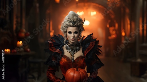 Queen of Halloween. Halloween witch. Beautiful young woman in black lingerie and witch hat at Halloween party.