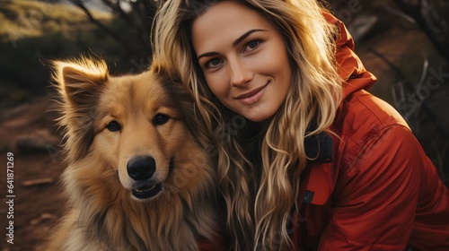 Beautiful young woman with dog. Young beautiful woman with her dog in the mountains. © mandu77