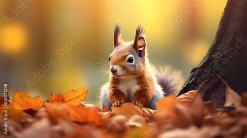 Squirrel in the autumn forest. Beautiful animal portrait in nature.