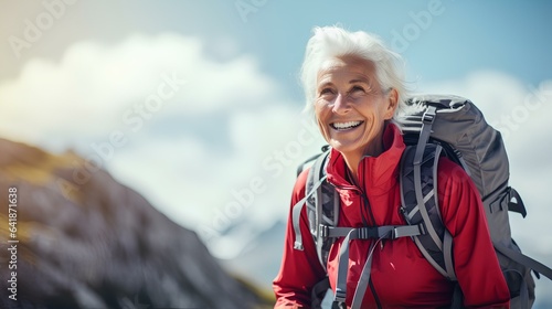 Senior woman climbs to the top of the mountain with a backpack and smiles happily at the achievements of hiking. generative AI