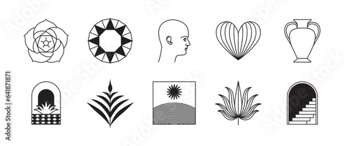 Vector retro futuristic neo grunge elements for print and graphic designs, abstract shapes y2k, figures, wireframe, flames, tattoo gothic and boho style, stickers, stars, hearts and logo templates