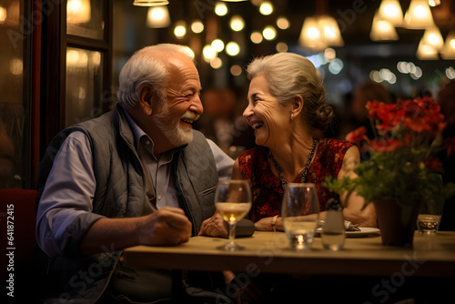 An elderly couple celebrating in a restaurant, happy and in love, enjoying each other's company