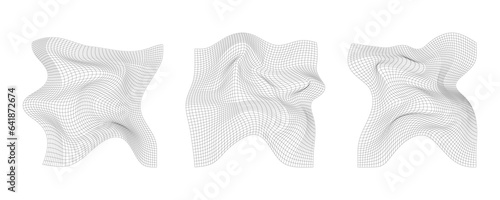 Distorted grid. Warped mesh texture. Wireframe wave geometry grid. Vector illustration