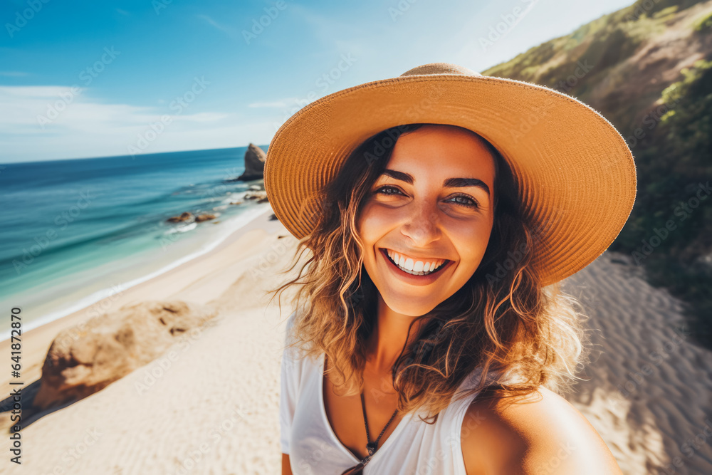 Beautiful young caucasian woman enjoying a day on the beach while smiling and making a picture
