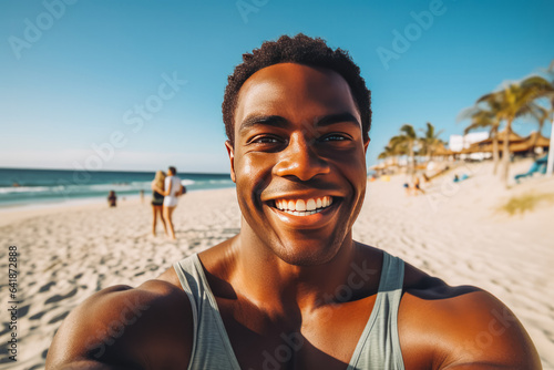 Happy young african american man enjoying a day on the beach while smiling and making a picture © VisualProduction