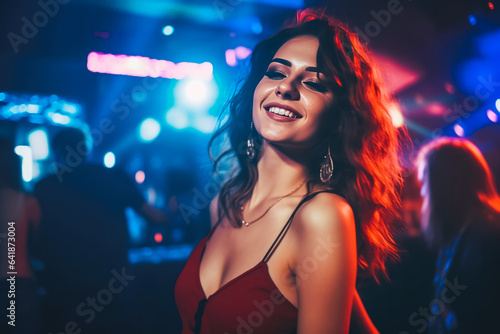 Beautiful young caucasian woman dancing and having fun at the night club, fun night out with friends