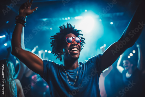 Happy young african american man dancing and having fun at the night club, fun night out with friends