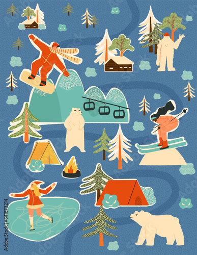 Ski resort, National park map, winter vacation with friends scene, Christmas holidays pastime, nursery poster, art print