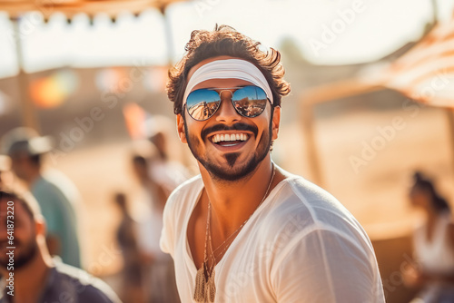 Portrait of a happy energetic man enjoying a music festival and having fun on the beach in summer.