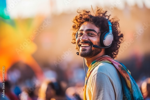Portrait of a happy energetic man enjoying a music festival and having fun on the beach in summer. © VisualProduction