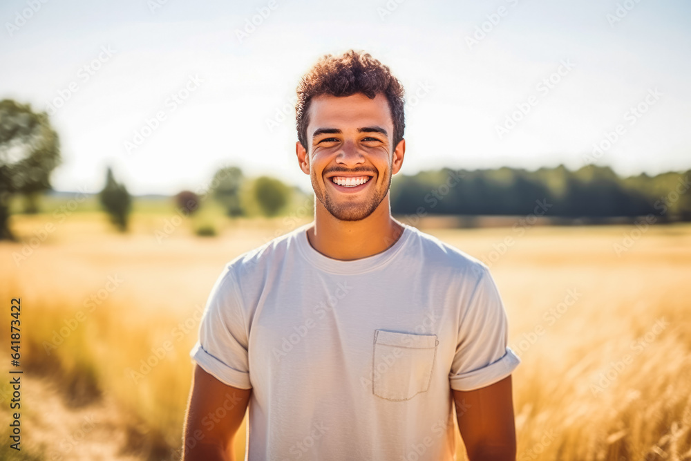 Portrait of handsome young caucasian man smiling while standing in field of wheat, natural light
