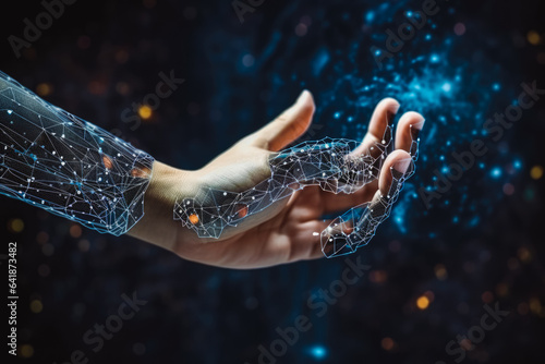 Hands of human and robot touching, AI intelligence, robots adapting to human look, space background photo