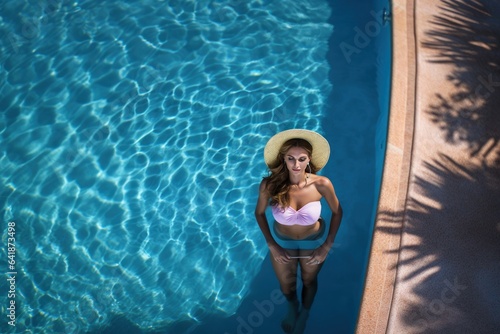 Young woman in swimsuit and hat sitting in swimming pool at resort. Vacation Concept with a Copy Space.