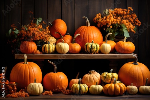 Ripe orange pumpkin on a beautiful wooden table  halloween preparation  harvest  copyspace