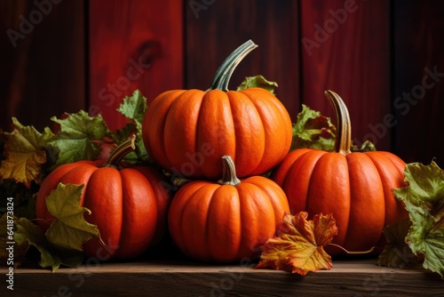 Ripe orange pumpkin on a beautiful wooden table  halloween preparation  harvest  copyspace
