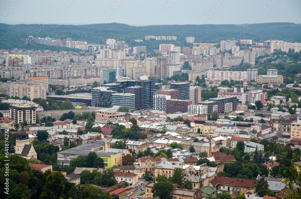 View of the residential area modern part of Lviv from the High castle hill