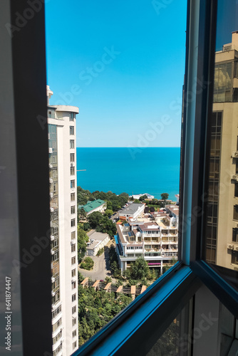 Photo of the blue sea, skyline, view from the high-rise building