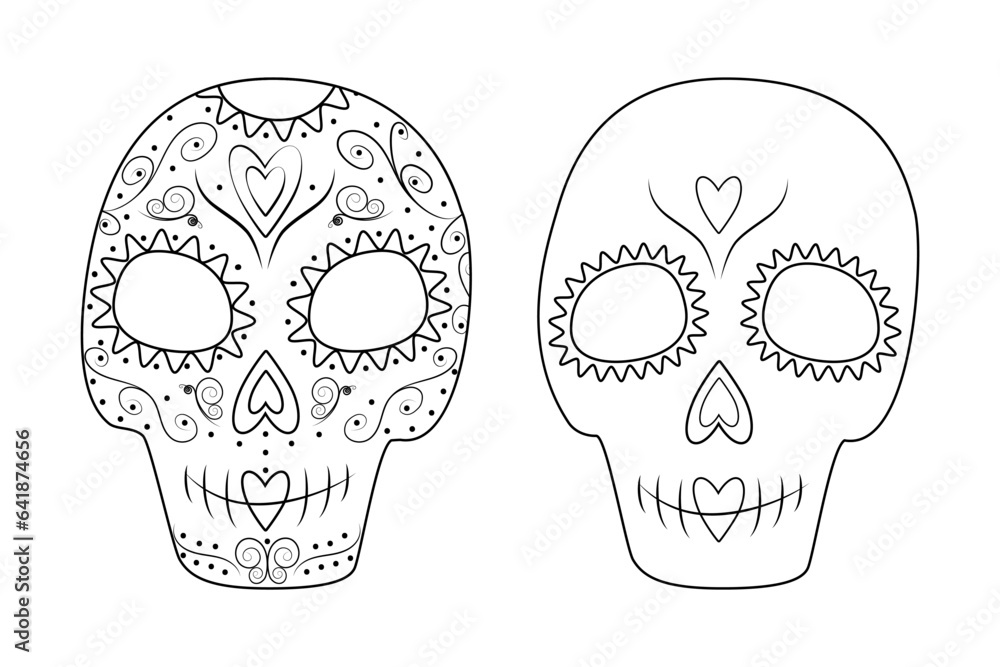 Set of 2 patterned Outline drawing Sugar Skulls. Day of the Dead. Dia de los muertos. Mexico. Vector