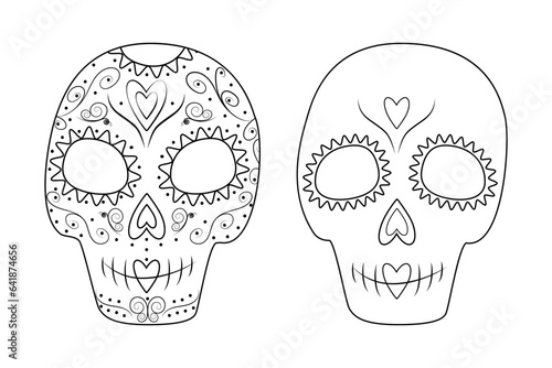 Set of 2 patterned Outline drawing Sugar Skulls. Day of the Dead. Dia de los muertos. Mexico. Vector