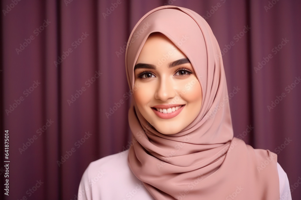 A portrait of young smiling Muslim woman wearing a hijab over colored background studio. mile girl is happy and posing. A portrait of young smiling Muslim woman wearing a hijab over colored background studio. mile girl is happy and posing.