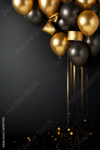 confetti, balloons and gold stars sparkle and shine on a black background. festive, christmas texture. place for text.