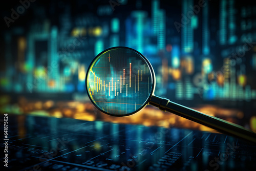 Data analysis, search engine optimization or SEO. magnifier, charts, graphs. ultraviolet and neon screen.