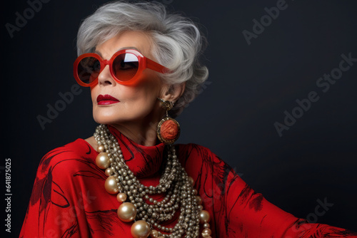 elderly woman in sunglasses. fashion and style in retirement. makeup and gray hair. adult grandmother in jewelry.