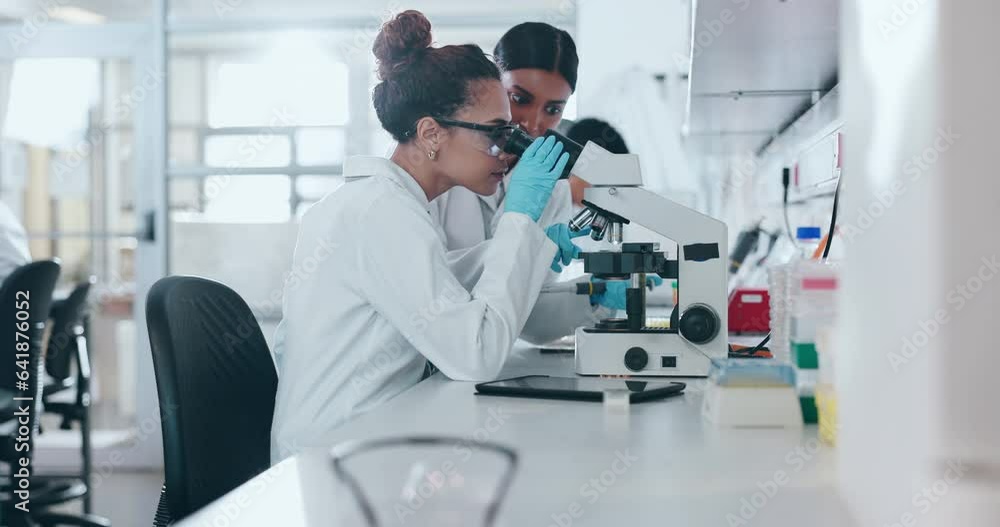 Science laboratory, microscope and team talking, cooperation and study bacteria, virus or medicine particle sample. Lab collaboration, investigation and scientist teamwork on DNA molecule analysis Science laboratory, microscope and team talking, cooperation and study bacteria, virus or medicine particle sample. Lab collaboration, investigation and scientist teamwork on DNA molecule analysis