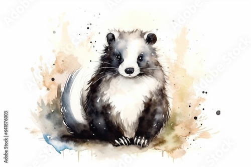 Happy skunk in watercolor illustration 
