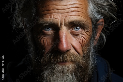 Elderly man grandfather, close up portrait blue eyes wrinkle, white hair