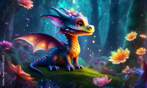Illustration bébé dragon dans un monde magique. © Laure F