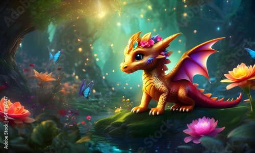 Illustration bébé dragon dans un monde magique.