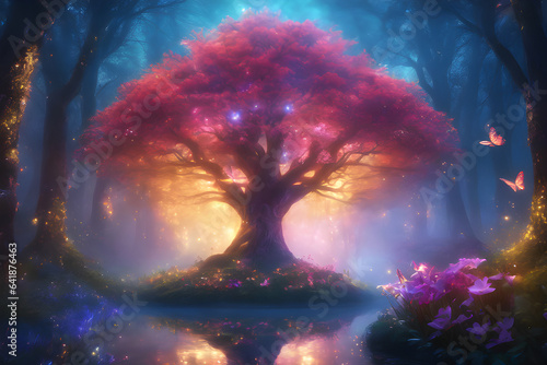 Illustration d'un arbre dans une forêt magique.