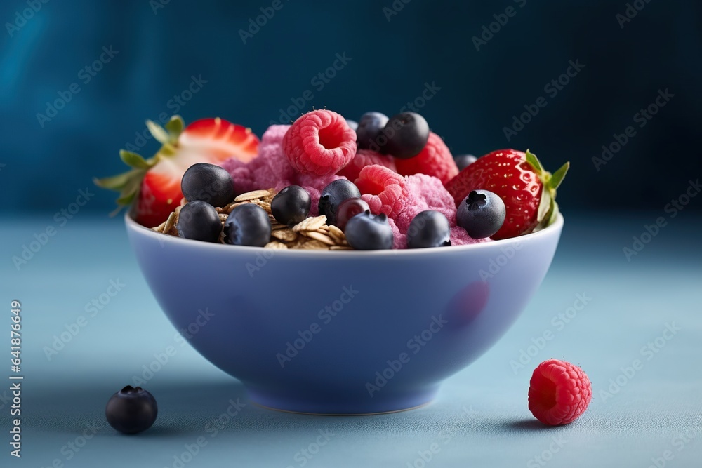 A bowl with berries fruit and granola, concept of Healthy Eating A bowl with berries fruit and granola, concept of Healthy Eating