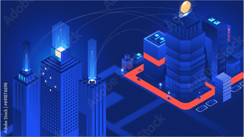 Abstract city skyline with technology building  connected to other city with streets and cars with blue-black background.