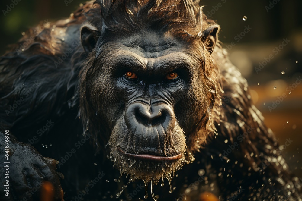 Gorilla with open mouth jump up from water. Angry gorilla in the water. Angry gorilla swimming in the river. Chimpanzee splashing in the water. Portrait of a gorilla.
Gorilla with open mouth jump up from water. Angry gorilla in the water. Angry gorilla swimming in the river. Chimpanzee splashing in the water. Portrait of a gorilla.