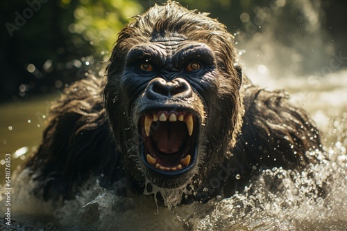 Gorilla with open mouth jump up from water. Angry gorilla in the water. Angry gorilla swimming in the river. Chimpanzee splashing in the water. Portrait of a gorilla. 