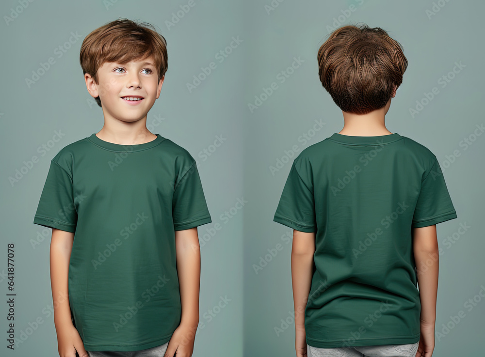 Front and back views of a little boy wearing a green T-shirt Front and back views of a little boy wearing a green T-shirt