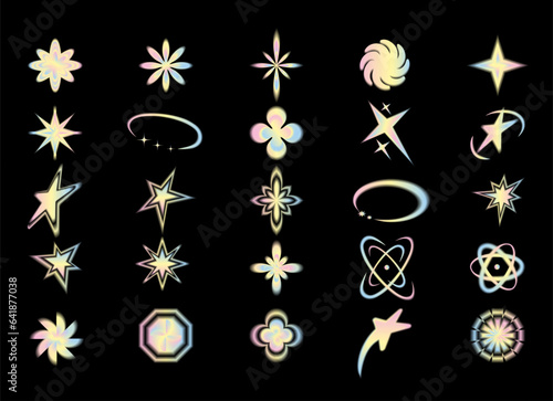 Y2k style shapes blurred gradient set. Aura aesthetic elements star, sun. Vector illustration.