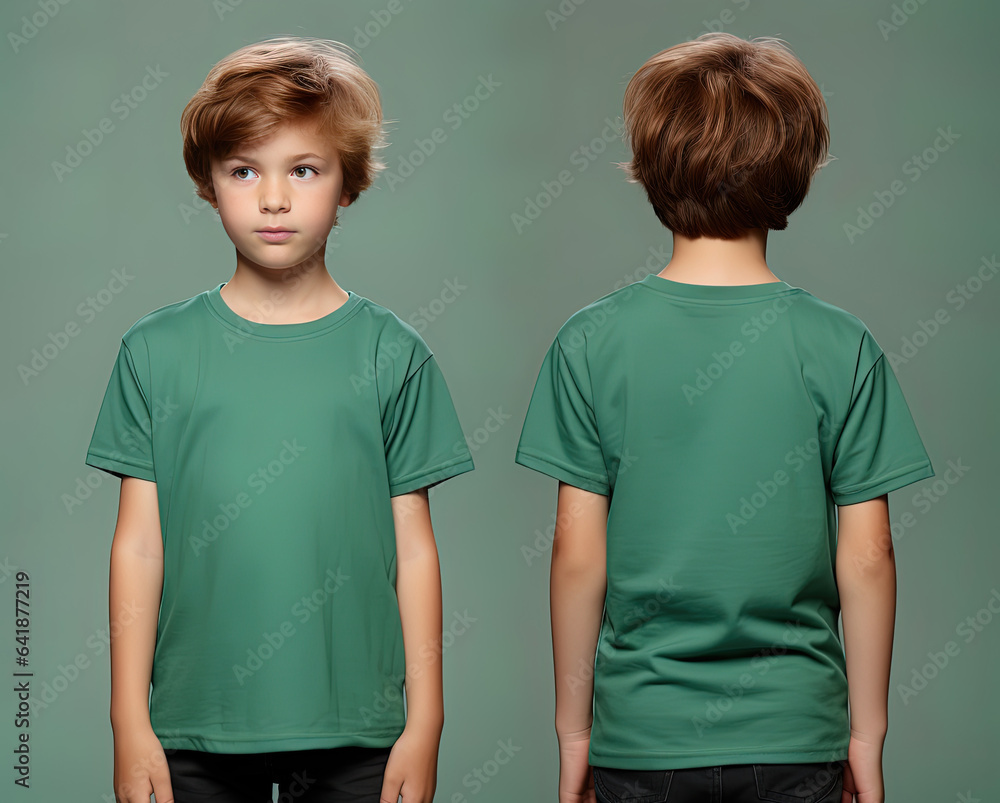 Front and back views of a little boy wearing a green T-shirt Front and back views of a little boy wearing a green T-shirt
