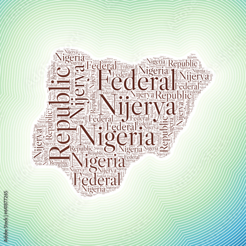 Nigeria shape formed by country name in multiple languages. Nigeria border on stylish striped gradient background. Vibrant poster. Powerful vector illustration.