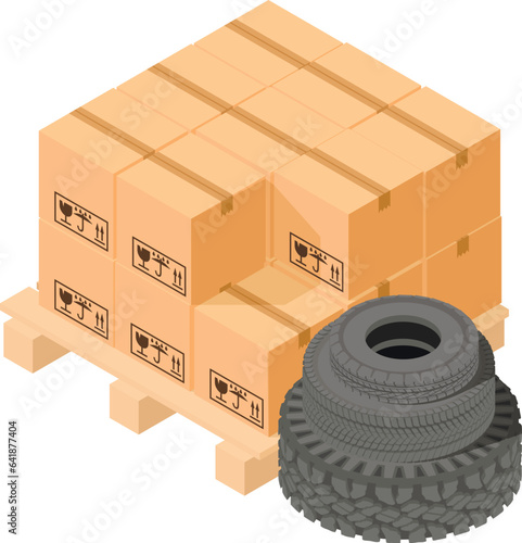 Warehousing icon isometric vector. Wooden pallet with box and new auto tire icon. Warehouse storage