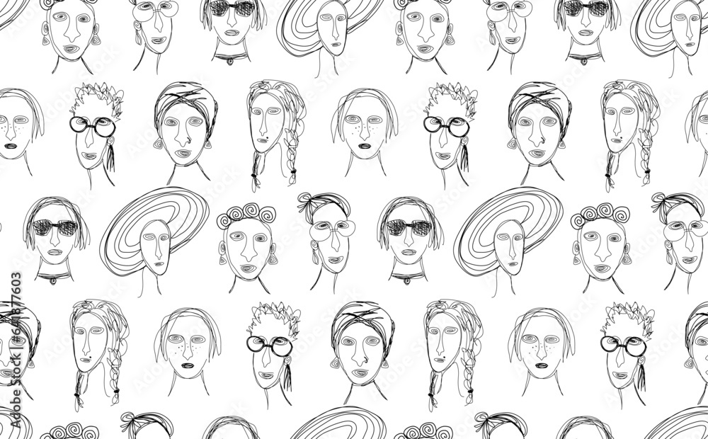 Black and white girl power seamless stencil pattern of diverse female faces Black and white girl power seamless stencil pattern of diverse female faces