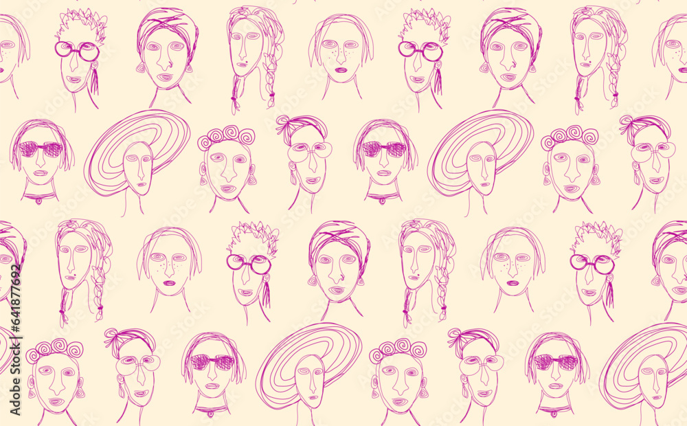 Pink seamless pattern of diverse female faces outlines. Vintage girl power hand drawn vector doodle background. Women's solidarity illustration. Pink seamless pattern of diverse female faces outlines. Vintage girl power hand drawn vector doodle background. Women's solidarity illustration.