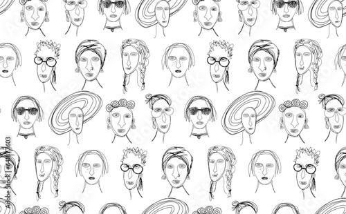 Black and white girl power seamless stencil pattern of diverse female faces