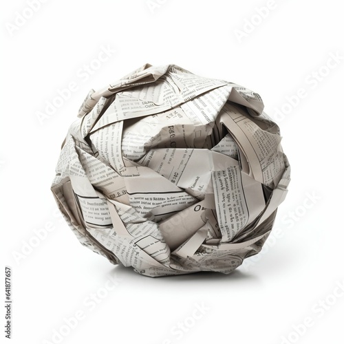 Crumpled Newspaper Ball Isolated on White Background. Generative ai