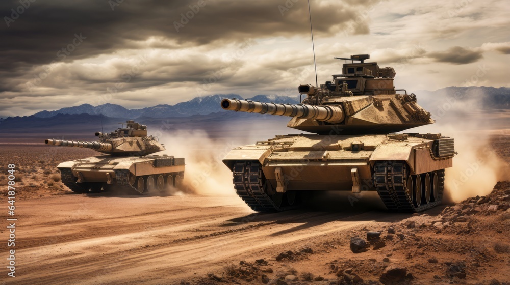 Main battle tanks driving through desert field Main battle tanks driving through desert field