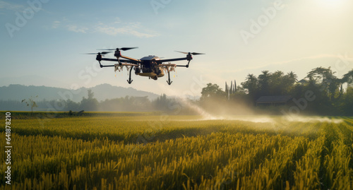 Agriculture drone flying on rice farm to sprayed fertilize