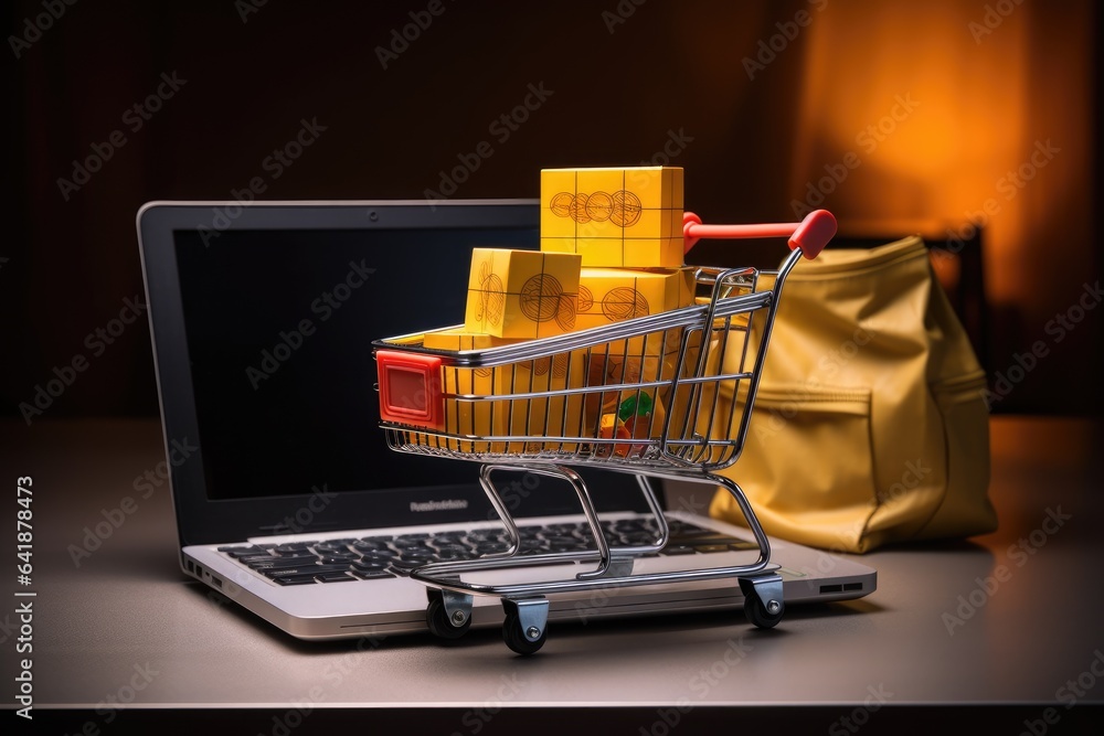 shopping trolley with shopping bags and shopping bags on laptop Generative AI