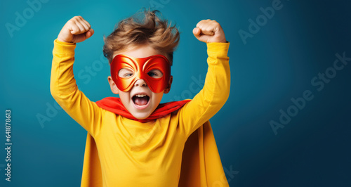 Children wearing superhero costumes and displaying masks